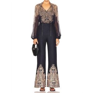 Zimmermann Natural Navy beige and Gold linen Paisley flare pants, 2